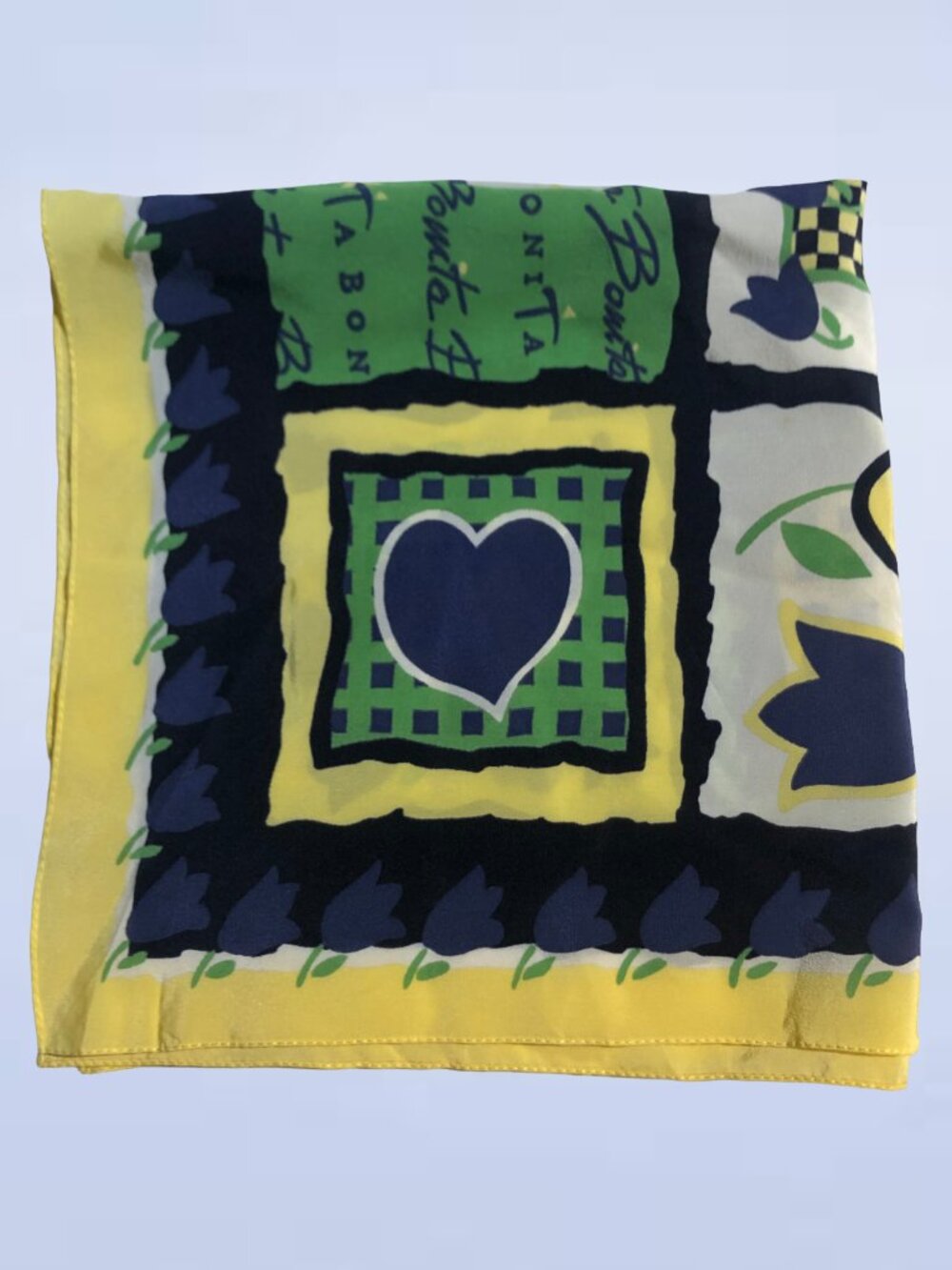 Vintage Patchwork Floral Heart Silk Scarf Green Yellow Navy Blue Neckwrap
